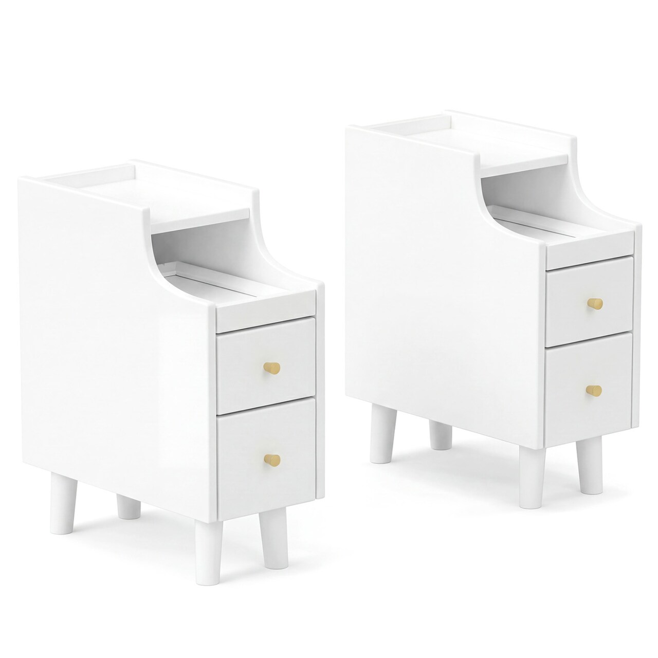 Set of 2 8 Inch Narrow Nightstand with Pull-Out Tray & 2 Drawers, Wooden Bedside Table with Cable Management System, Compact End Table for Bedroom Small Spaces, Brown Finish